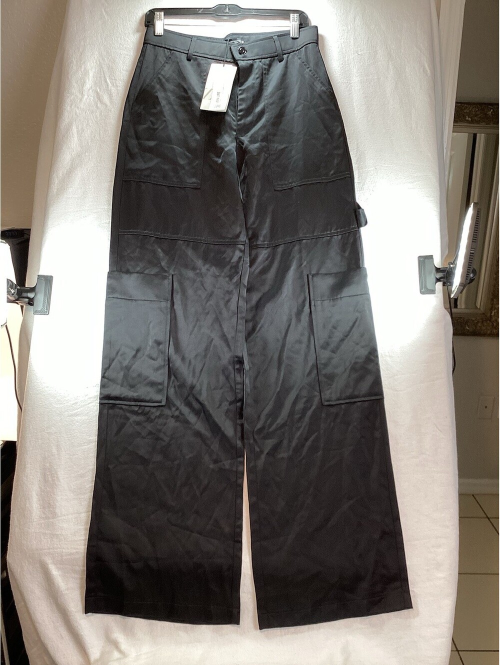Zara Women's Black Satin Effect Cargo Pants. Size M BNWT